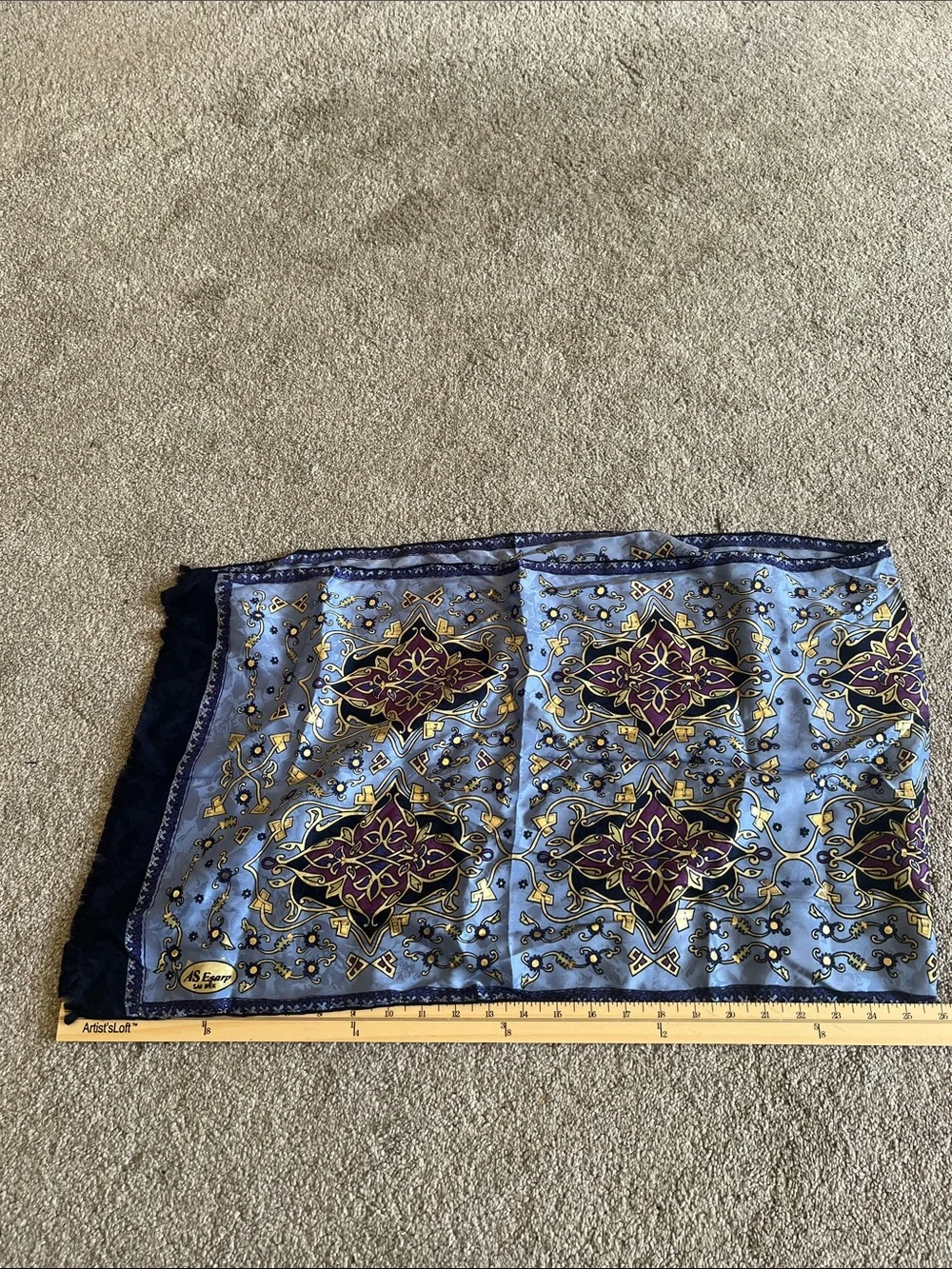 AS Esarp Saf Ipek Pure Silk Turkish Scarf Blue Purple Gold Fringe 52”